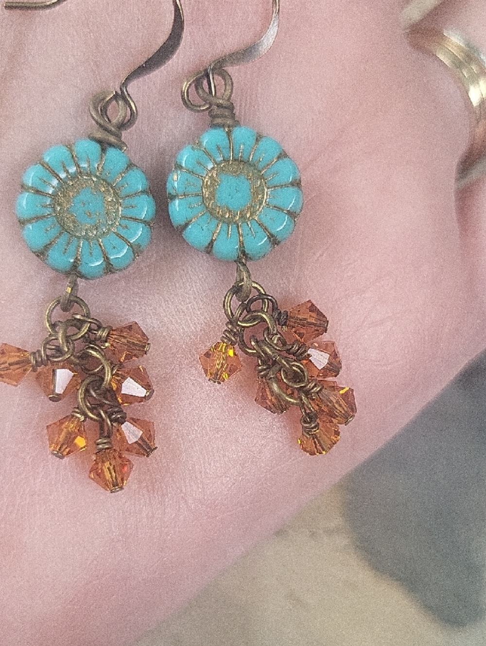 Handcrafted Turquoise Czech Flower Drop Earrings with Amber Crystal Clusters